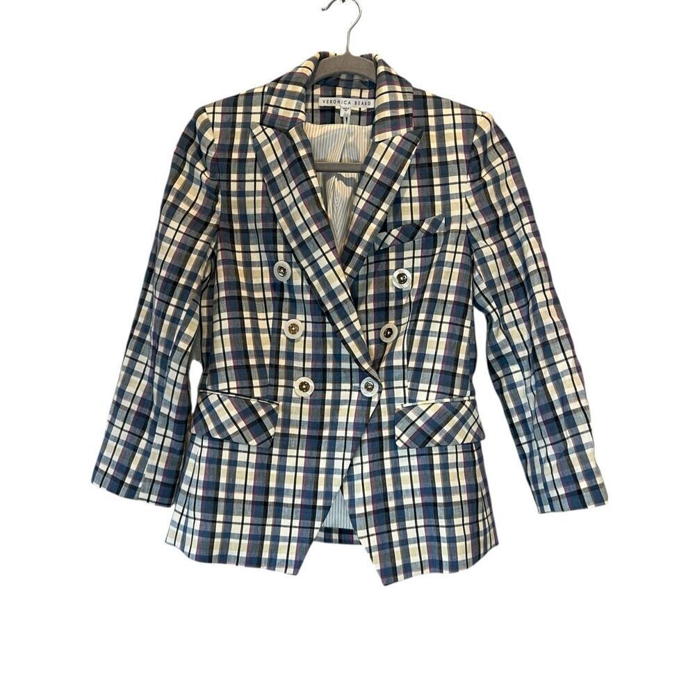VERONICA BEARD Empire Dickey Jacket blue multi-plaid linen blend Size 0